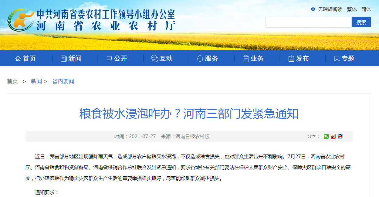 糧食被水浸泡咋辦？河南三部門發(fā)緊急通知