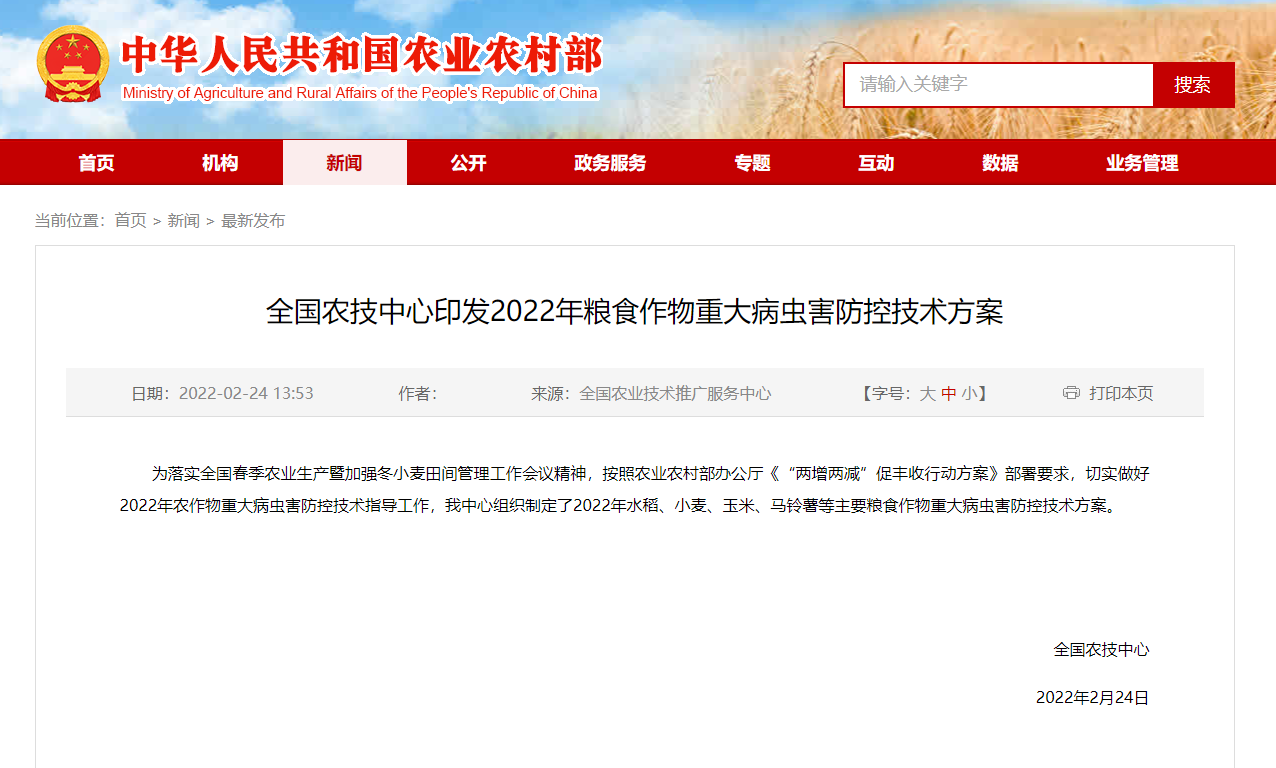 全國農技中心印發(fā)2022年糧食作物重大病蟲害防控技術方案