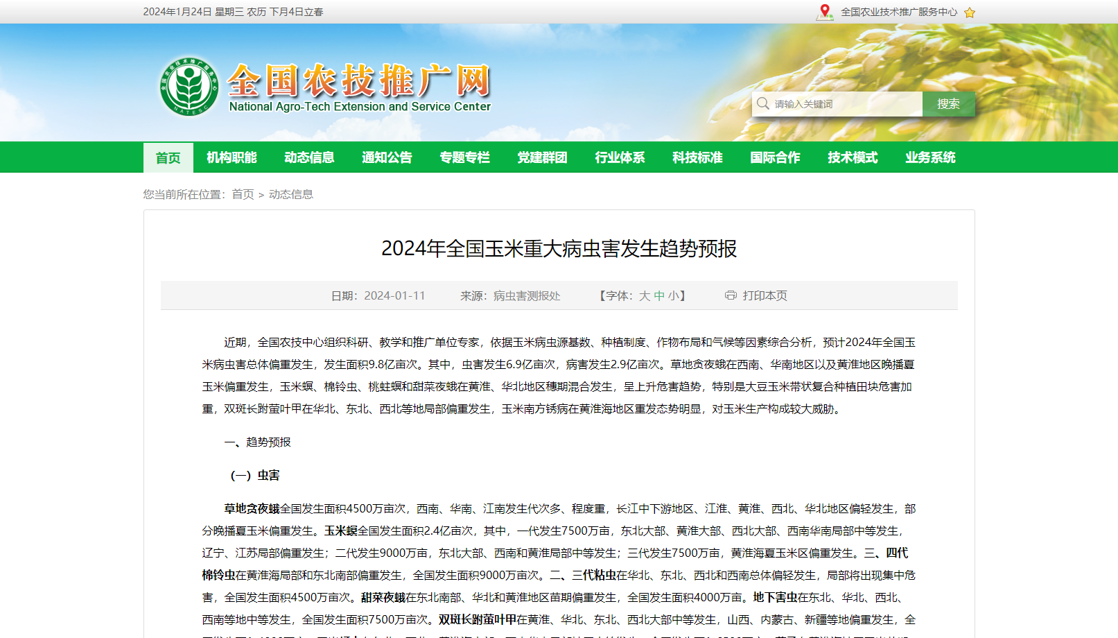 2024年全國玉米重大病蟲害發(fā)生趨勢預報
